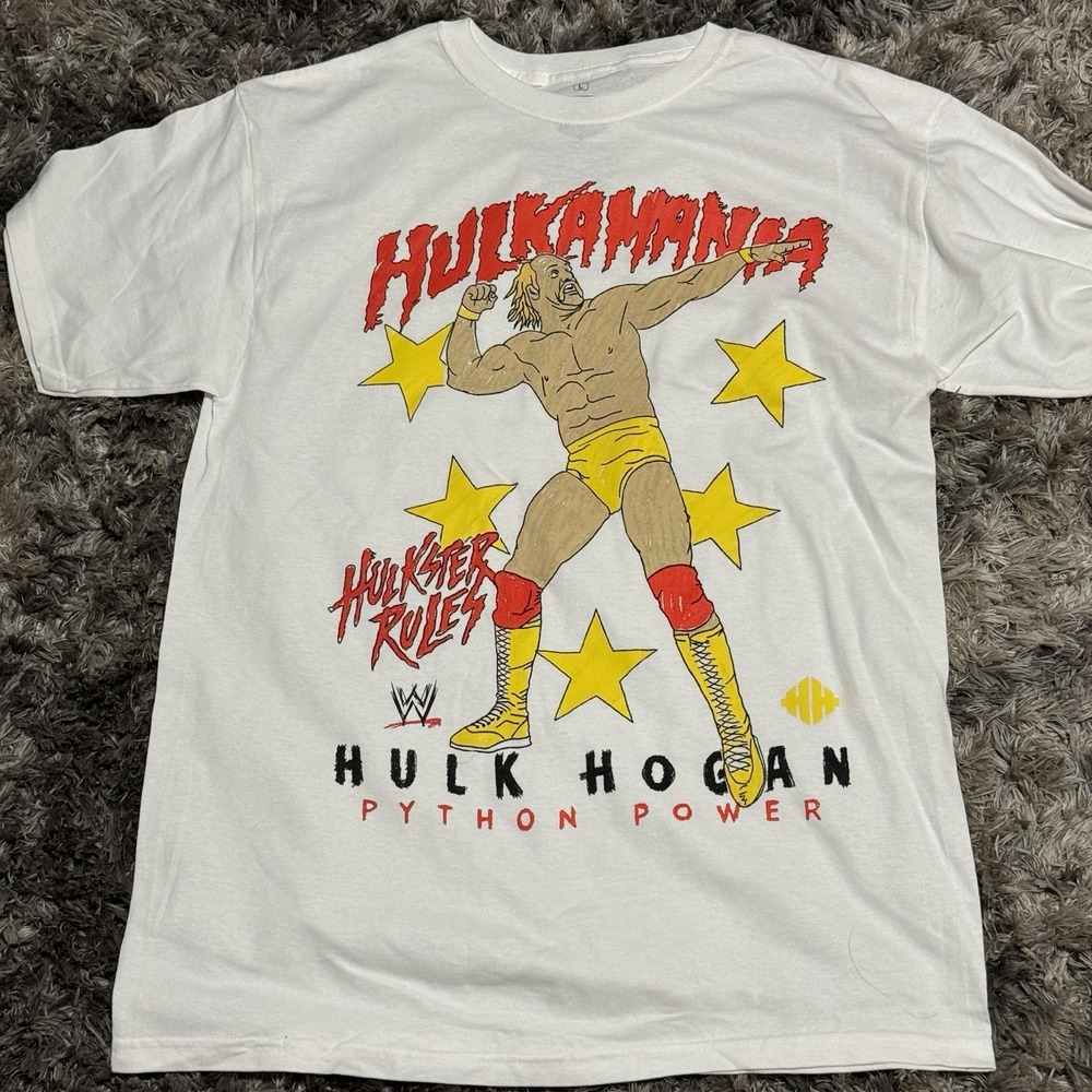 Sz Medium Hulk Hogan - "HULKAMANIA" Hulkster Rules White T-Shirt Brand New